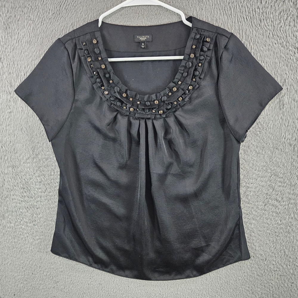 Talbots Petites Black Satin Beaded Rhinestone Ruffle Blouse Top 10P Short Sleeve